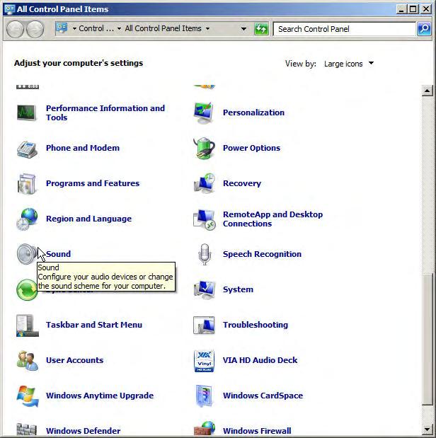 Windows 7 Audio Device Hardware Configuration Click on the Sounds icon located in the Control Panel (Figure 15).