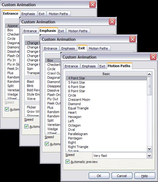 Figure 7: Custom Animation dialog box. Choices may vary depending on the selected object; for example, pictures and text have different Emphasis choices.