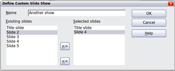 3) On the Define Custom Slide Show dialog box, type a name for the new custom show. Then, in the Existing slides list, select the slides to include in the show.