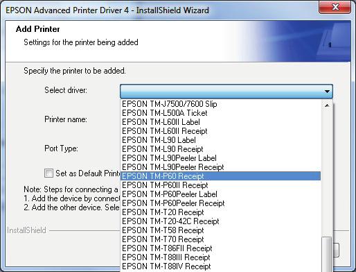 In the Select driver dropdown box, select the EPSON