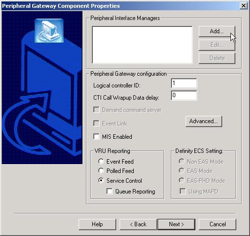 Figure 3-52 ICM Setup - Peripheral Gateway Component Properties dialog 31.A subdialog box opens as shown in Figure 3-53.