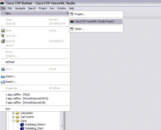 Figure 4-21 Creating a new Cisco VoiceXML Studio Project Figure 4-22 shows the New Project dialog box.