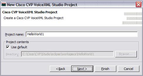 Figure 4-23 New Cisco CVP VoiceXML Studio Project: Project name 3. We now come to a dialog box that specifies the General settings for the project (see Figure 4-24 on page 128).