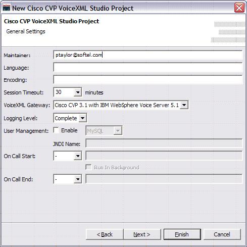 Figure 4-24 New Cisco CVP VoiceXML Studio Project - General Settings 4. We now reach the dialog box where Audio settings for the project are specified (see Figure 4-25 on page 129).