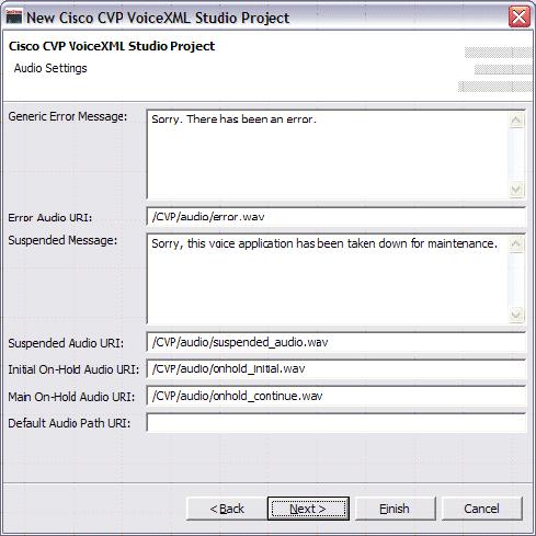 Figure 4-25 New Cisco CVP VoiceXML Studio Project - Audio Settings 5.