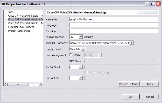 HelloWorld1 - Cisco CVP VoiceXML Studio - General Settings panel