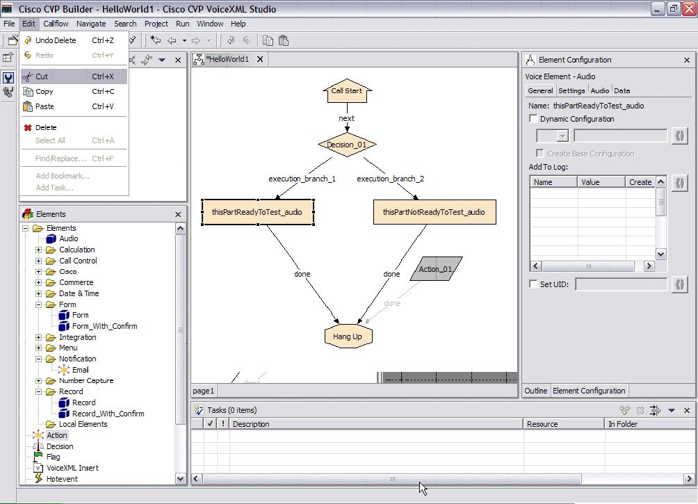 Figure 4-70 Cutting an element using the Edit menu Zooming in and out You can zoom in and out within the call flow editor view.
