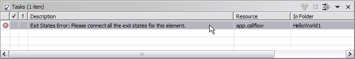 Figure 4-86 Task pane showing validation error message Notice that the error description is Exit States Error: Please correct all the exit states for this element.