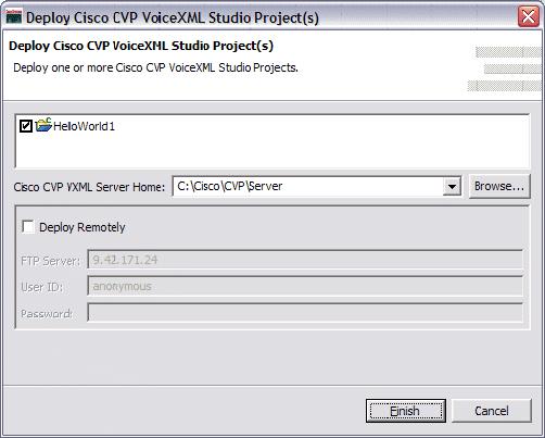 Figure 4-88 Deploy Cisco CVP VoiceXML Studio Project(s) 3. Click Finish. The application begins deploying as shown in Figure 4-89 on page 174.