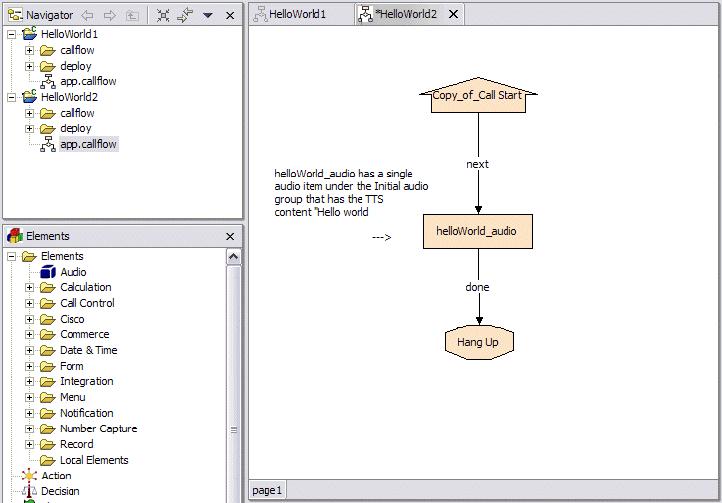 Figure 4-112 HelloWorld2: Result of changing the Copy_of_Call Start element to a Start Of Call page entry Figure