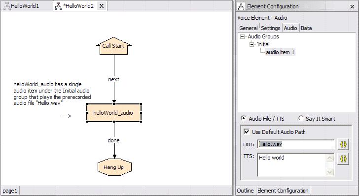 Figure 4-116 HelloWorld2: Modifying the helloworld_audio element to play prerecorded audio With this configuration, our audio element will read back the TTS string Hello World.