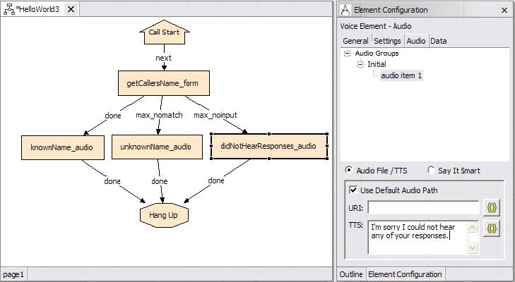 Figure 4-123 HelloWorld3: Configuring the unknownname_audio element Figure 4-124 HelloWorld3: Configuring the didnothearresponse_audio element 4. Our audio items are all set.