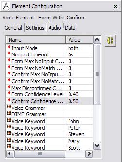 Setting Name Meaning Value for our application Voice Keyword Inline grammar elements We will define our inline grammar in the same way we did in HelloWorld3.