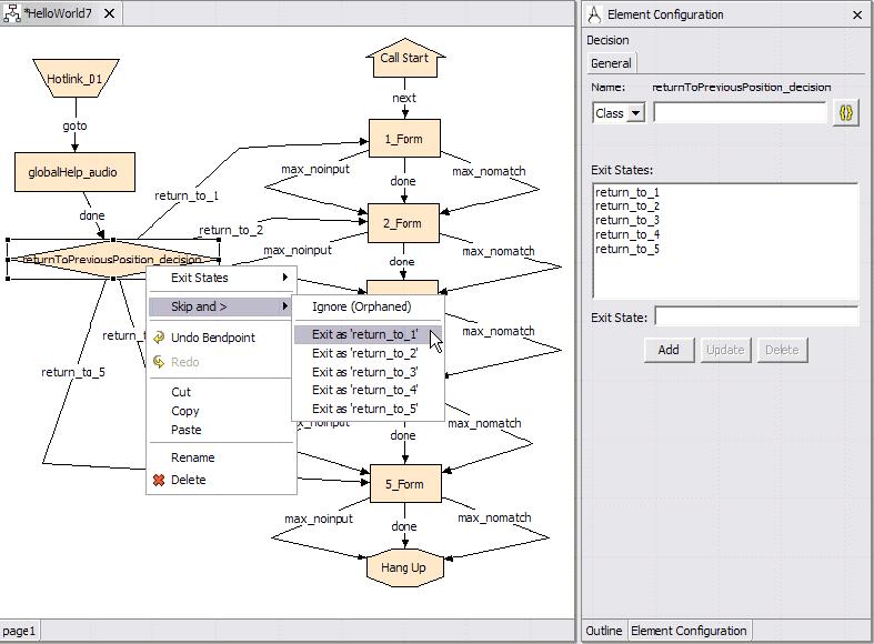 Figure 4-171 HelloWorld7: Skipping the decision element to go back to the