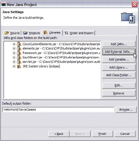 Figure 4-180 New Java Project: Result of adding external JARS Note: Generally, for all CVP Java projects, you must include the following jar files in your build path: elements.jar, framework.