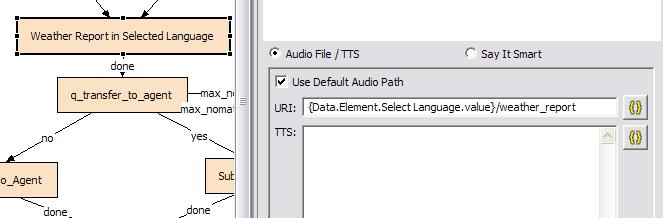 Figure 4-206 WeatherReport: Embedding Locale in the Audio Path Data is returned to ICM by populating the various fields in the Subdialog_return element.