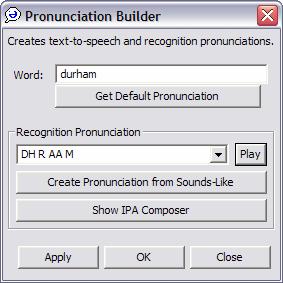 Also displayed is the default Recognition Pronunciation, which in this case is wrong. Figure 4-226 Lexicon Pronunciation Builder with default recognition pronunciation 2. Click Show IPA Composer.