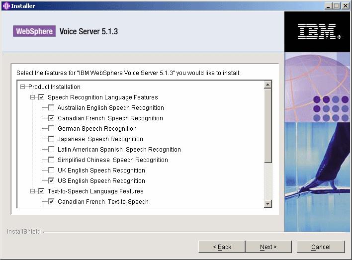 14.Next, the language panel for WebSphere Voice Server displays. Select the WebSphere Voice Server TTS and ASR capabilities that you require as shown in Figure 2-29. Figure 2-29 Select features 15.