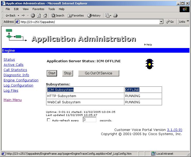 Figure 3-17 Status screen - CVP Application Server is currently offline Screen capture reprinted by permission from Microsoft Corporation 7. Now click Engine Configuration.
