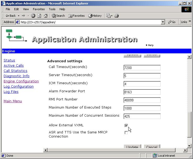 Figure 3-18 Engine Configuration screen - Turn on Allow External VXML Screen capture reprinted by permission from Microsoft Corporation 8. Now, we turn on a reasonable level of trace logging.