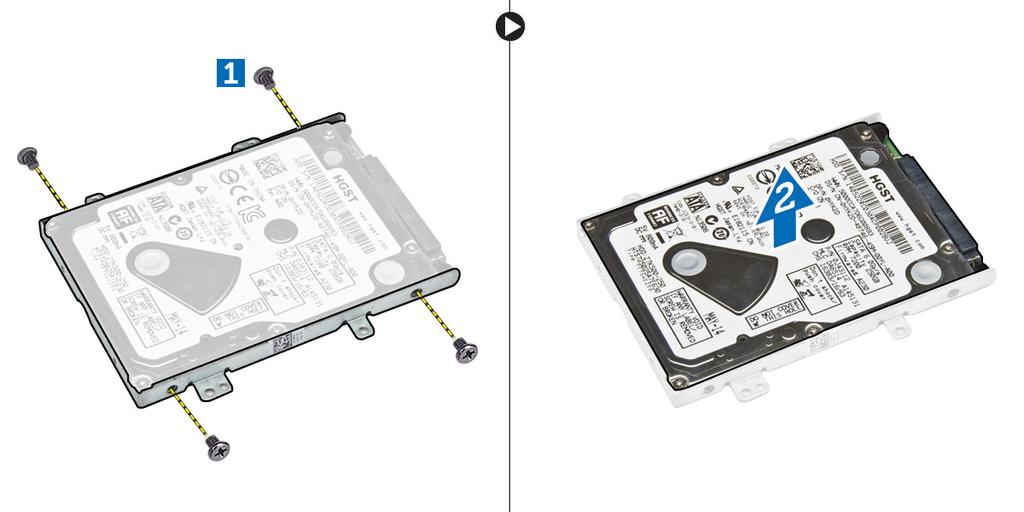 Installing the hard drive into the hard drive bracket 1. Align the screw holders on the hard drive with the screws on the hard drive bracket. 2. Insert the hard drive into the hard drive bracket. 3.