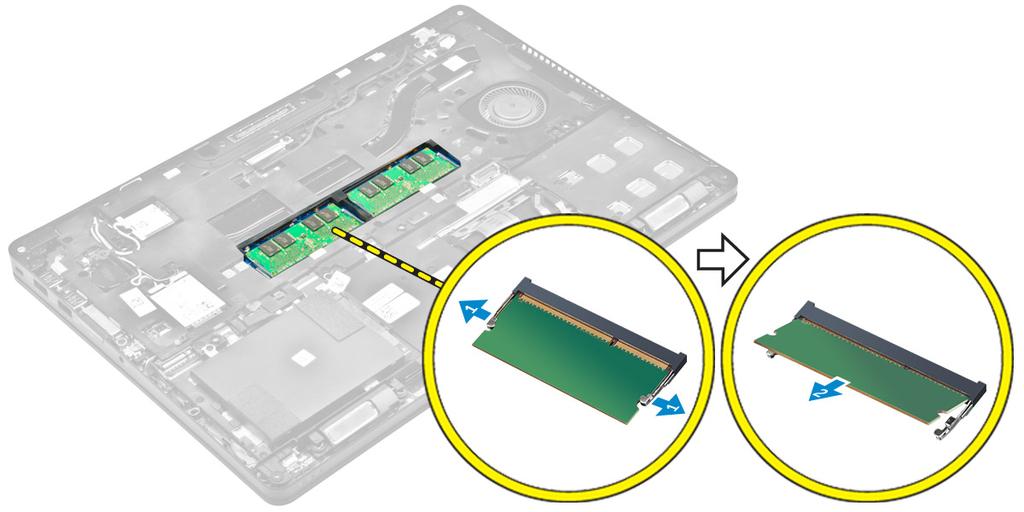 Remove the: a. base cover b. battery 3. Pull the clips securing the memory module until the memory module pops up [1]. 4.