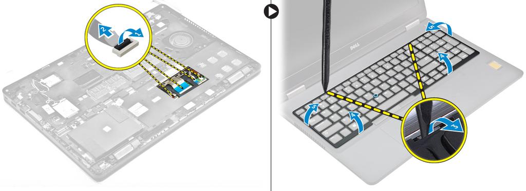 4. To remove the keyboard: a. Remove the screws that secure the keyboard to the computer [1]. b. Lift the keyboard and slide it to remove it from computer [2, 3].