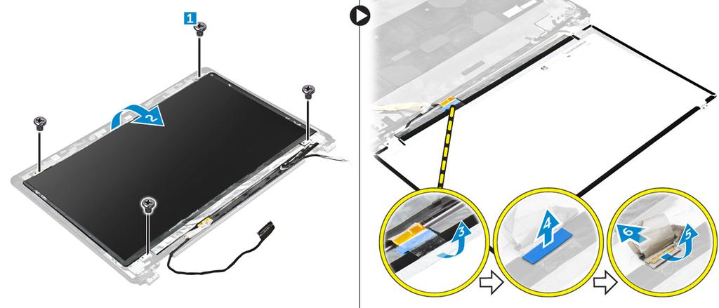 c. display assembly d. display bezel 3. To remove the display panel: a. Remove the screws that secure the display panel to the display assembly [1]. b. Lift the display panel and flip the display panel to access the edp cable [2].
