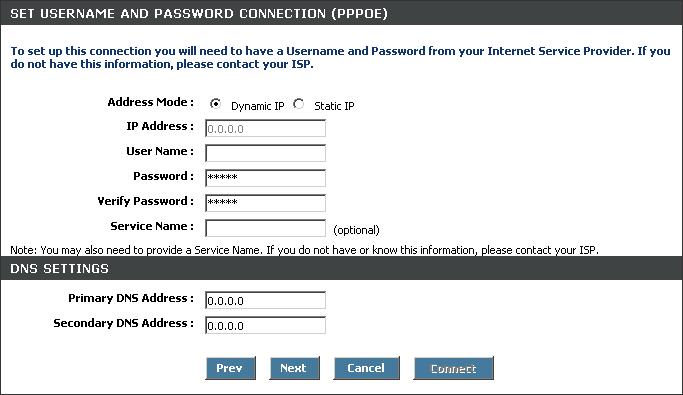 The default host name is the device name of the Router and may be changed. If you selected PPPoE, enter your PPPoE username and password. Click Next to continue.