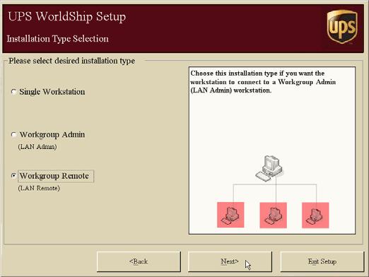 10. If installing from a network share drive, skip to step 11. If you are installing from the CD, the Installation Type Selection window displays. Select Workgroup Remote.