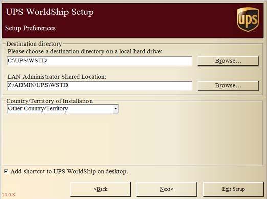 The Setup Preferences window appears. Type the destination directory on your local hard drive or click the Browse button to navigate to and select the directory.