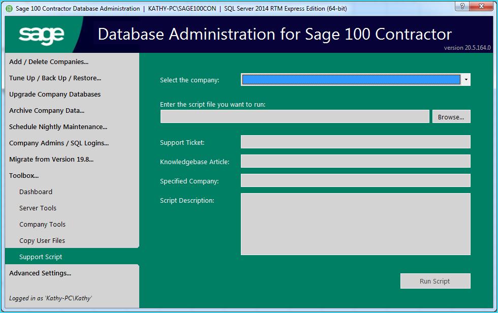 Script from Sage Support, download to \Sage100Don\Support Scripts