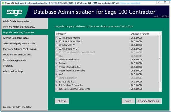 UPGRADE COMPANY DATABASES Update databases for multiple companies at once, or update them one at a time as needed Do NOT use this utility to upgrade data from version 19.