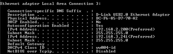 The "ipconfig /all" command was used to obtain the IP addresses shown in the following example. 1.