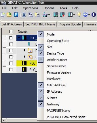 Right-click menu for column headers For each tab of the device table, the SIMATIC Automation Tools displays a set of columns by default.