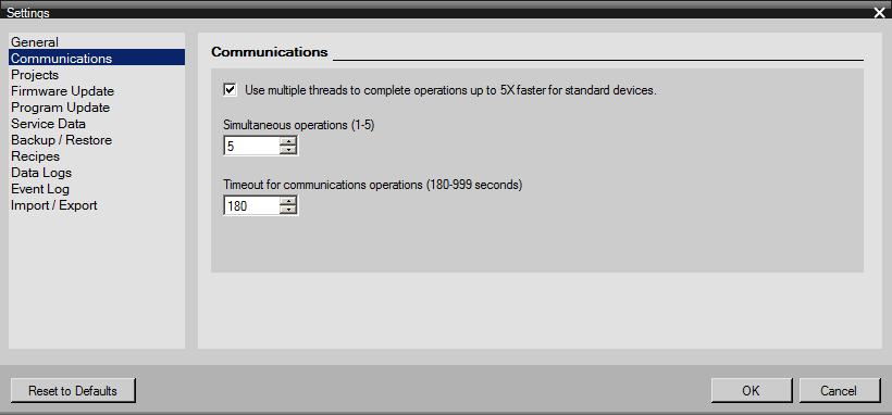 Menu, toolbar, shortcut keys and reference information 6.1 Main menu 6.1.4.4 Communications settings You use the Communications options to set options related to multi-threading.