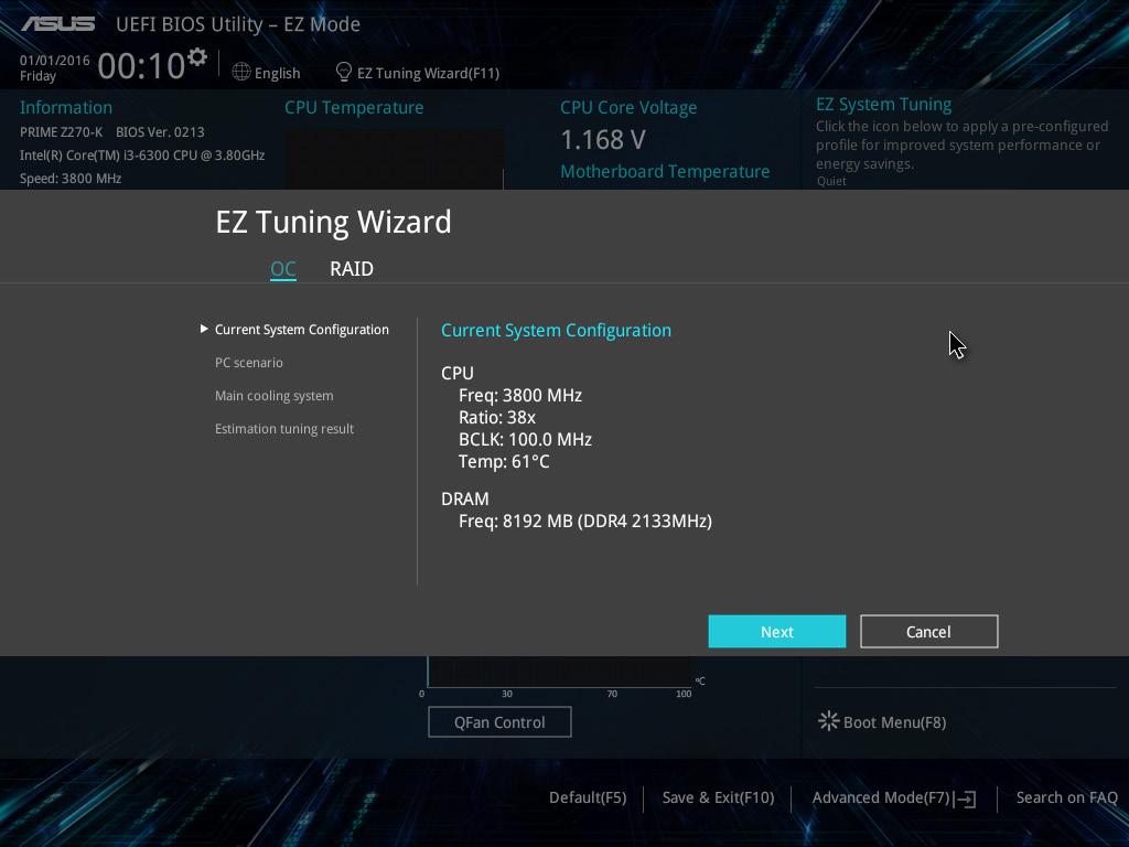 2.2.4 EZ Tuning Wizard EZ Tuning Wizard allows you to overclock your CPU and DRAM, computer usage, and CPU fan to their best settings. You can also easily set RAID in your system using this feature.