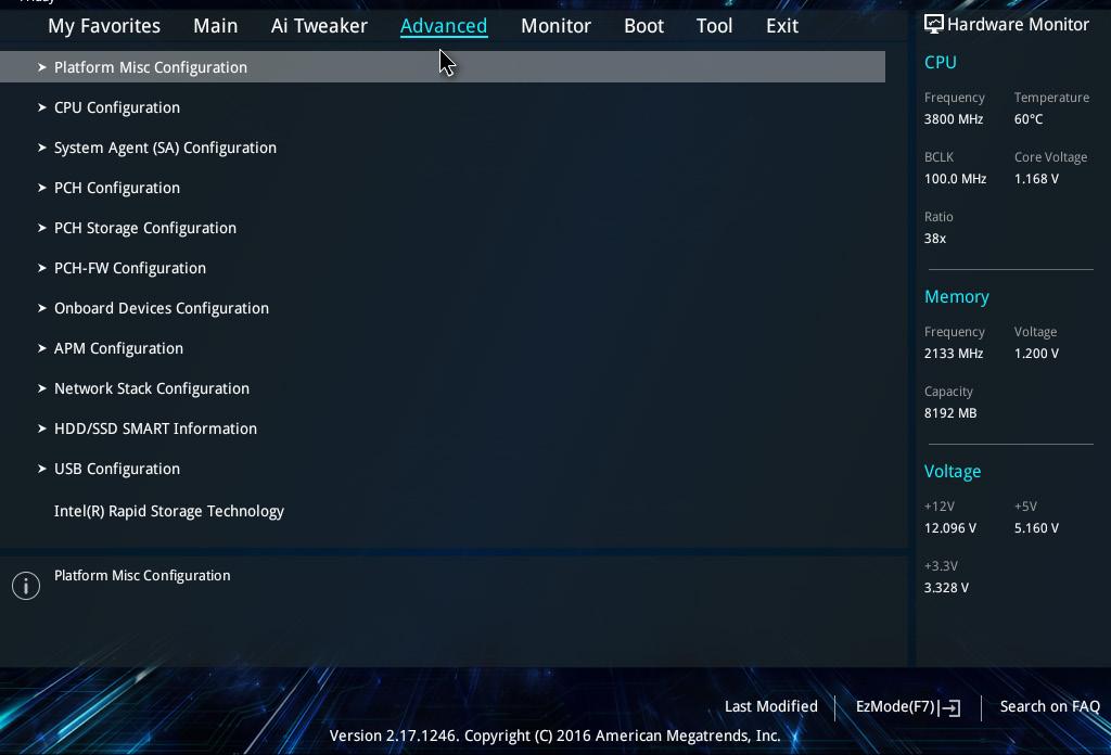 2.6 Advanced menu The Advanced menu items allow you to change the settings for the CPU and other system devices. Be cautious when changing the settings of the Advanced menu items.