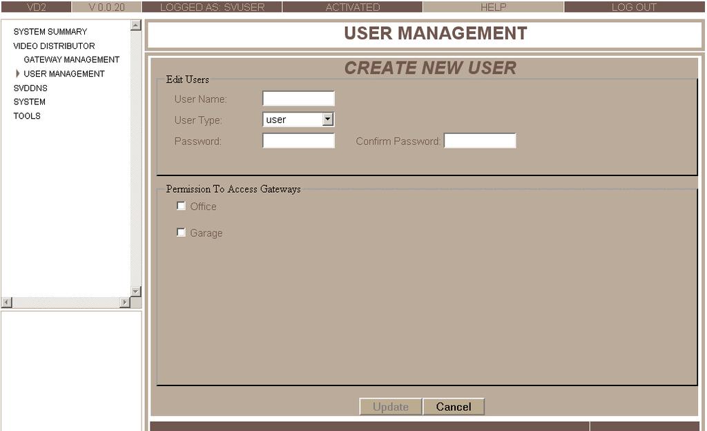Figure 18: Create New User screen 3. Fill in the fields as follows: Field User Name User Type Password Confirm Password Description Enter a name for the user account.