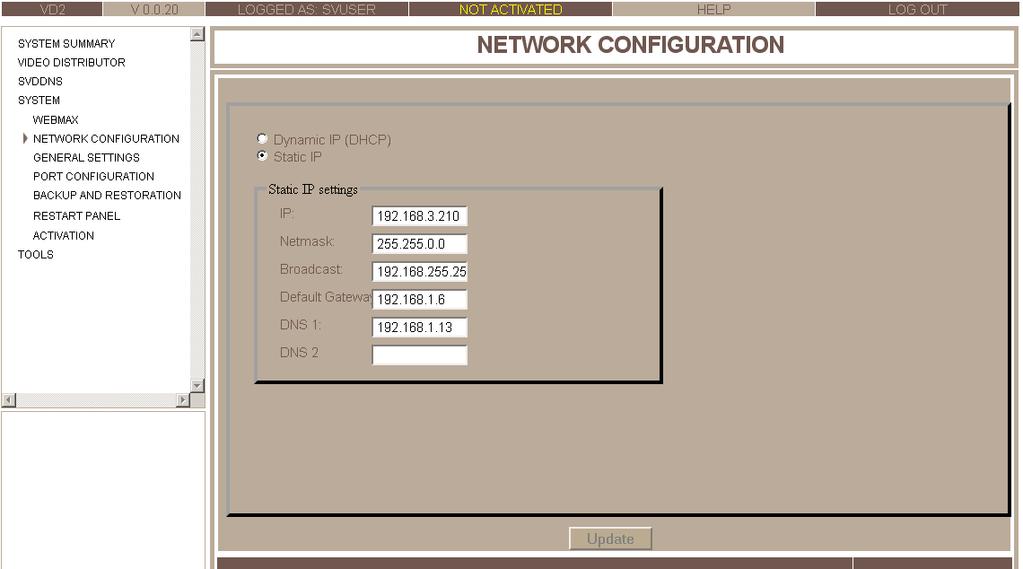 Figure 32: Network Configuration screen 2. If you want to assign a static local IP address to the unit, select the Static IP checkbox.