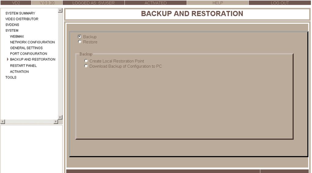 Figure 37: Backup and Restoration screen 2. Select Backup. The backup options appear. Figure 38: Backup options 3. Select the required option.