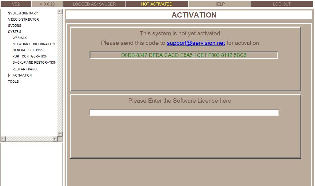 Figure 47: Activation screen (unactivated application) 2. Click the support@servision.com link. An e-mail message with the code in it opens. 3. Send the e-mail message.