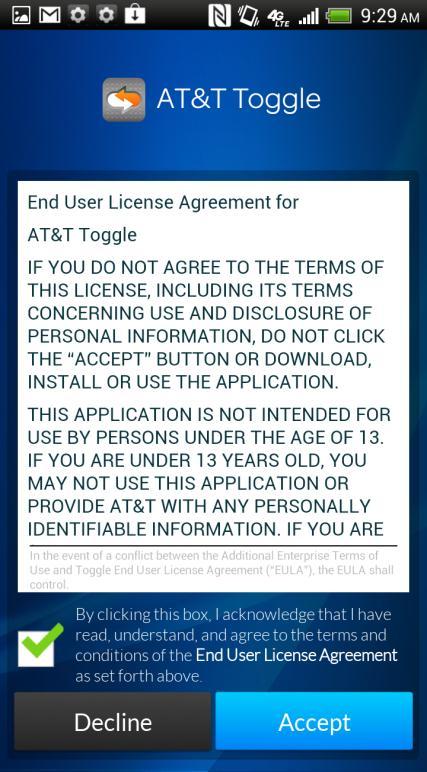 Read and accept the AT&T Toggle End User License
