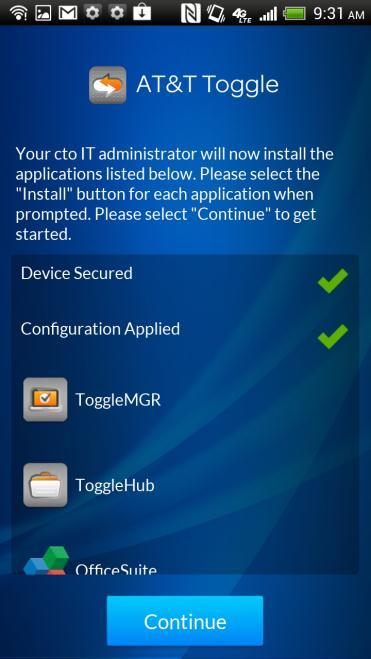 Once AT&T Toggle has authenticated your user credentials, it begins downloading and installing the applications assigned to