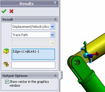 In the Results dialog select Displacement/ Velocity/Acceleration and Trace Path. In the first selection field select the circular edge on Link1 to identify the center point of the circle.