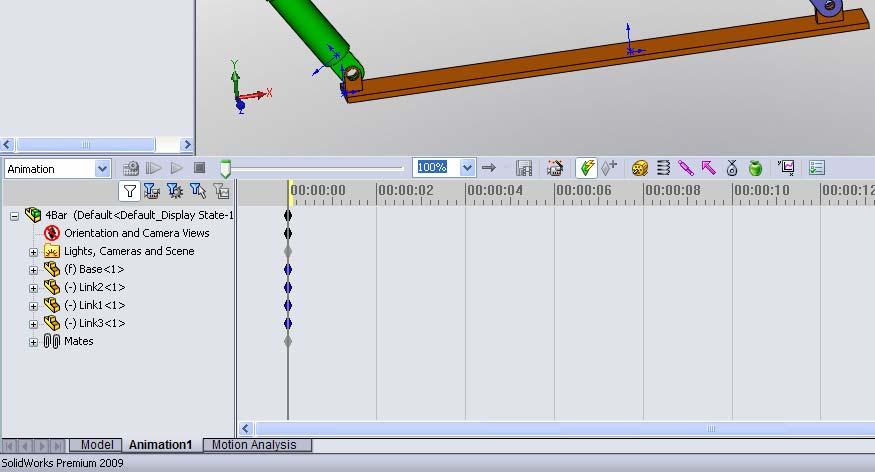 Switching to SolidWorks Motion Manager Switch to SolidWorks Motion by clicking the Animation1 tab in the bottom left hand corner.