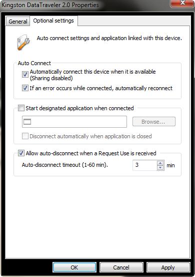 Automatically disconnect when a Request Use is received The auto-application startup feature can be enabled from the Optional Settings tab in the properties dialog.