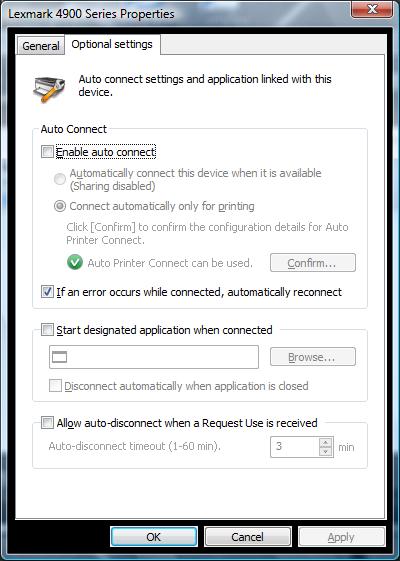 If the USB device driver is not installed on your PC or the USB device has never been connected to your PC via the SharePort Plus Utility, the Printer Properties window will be displayed.