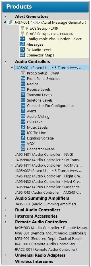 3.3.4 Products Window The initial Products window shows a list of JAC products that may be configured using the ProCS software, grouped together by type (Alert Generators, Audio Controllers etc.