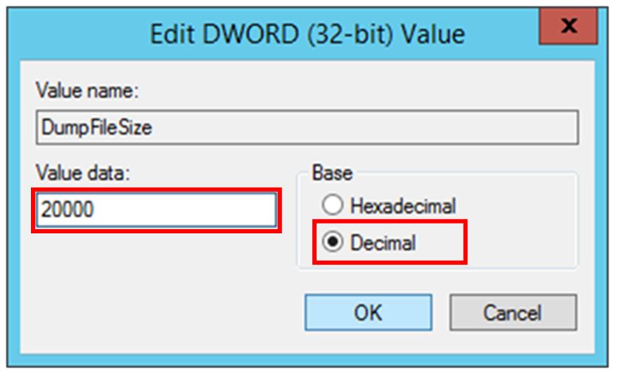 7. Type DumpFileSize as a name of the created registry, and press Enter. 8. Right-click DumpFileSize, and click Modify. In the Edit DWORD(32-bit) Value dialog box, select Decimal under Base.